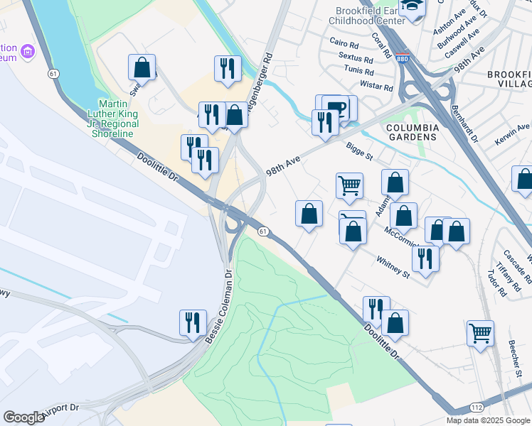 map of restaurants, bars, coffee shops, grocery stores, and more near 1639 Airport Access Road in Oakland