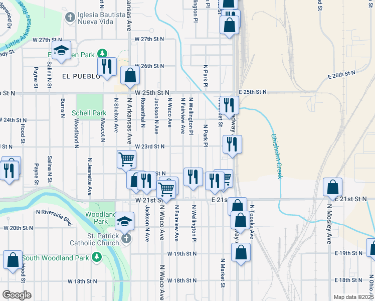 map of restaurants, bars, coffee shops, grocery stores, and more near 2408 North Wellington Place in Wichita