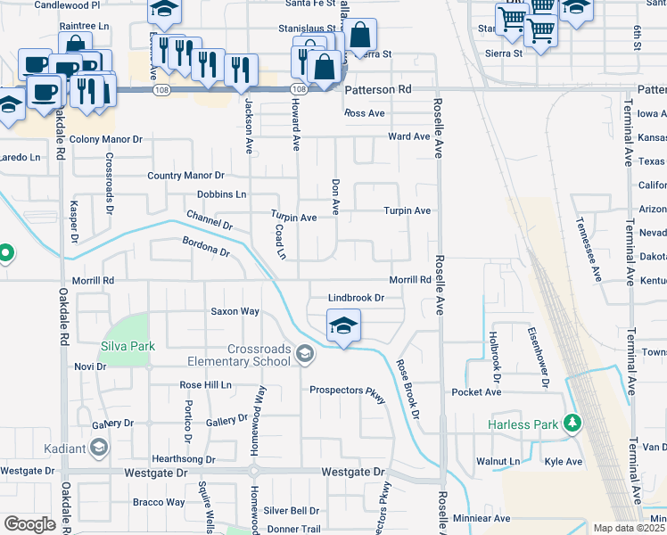map of restaurants, bars, coffee shops, grocery stores, and more near 2742 Willow Spring Court in Riverbank