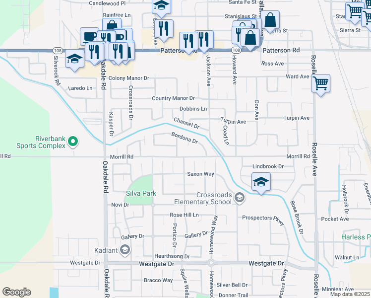 map of restaurants, bars, coffee shops, grocery stores, and more near 6001 Ditman Circle in Riverbank