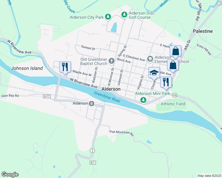 map of restaurants, bars, coffee shops, grocery stores, and more near in Alderson