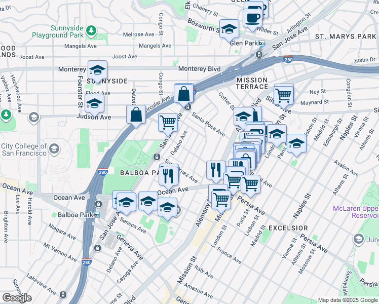map of restaurants, bars, coffee shops, grocery stores, and more near Otsego Avenue & San Juan Avenue in San Francisco