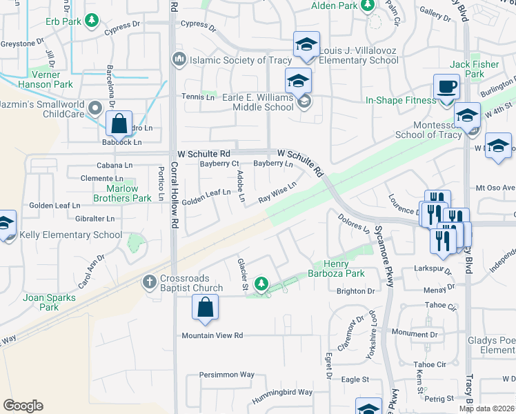 map of restaurants, bars, coffee shops, grocery stores, and more near 1754 Ray Wise Lane in Tracy