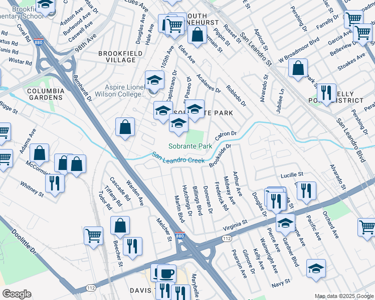 map of restaurants, bars, coffee shops, grocery stores, and more near 107 Catron Drive in Oakland