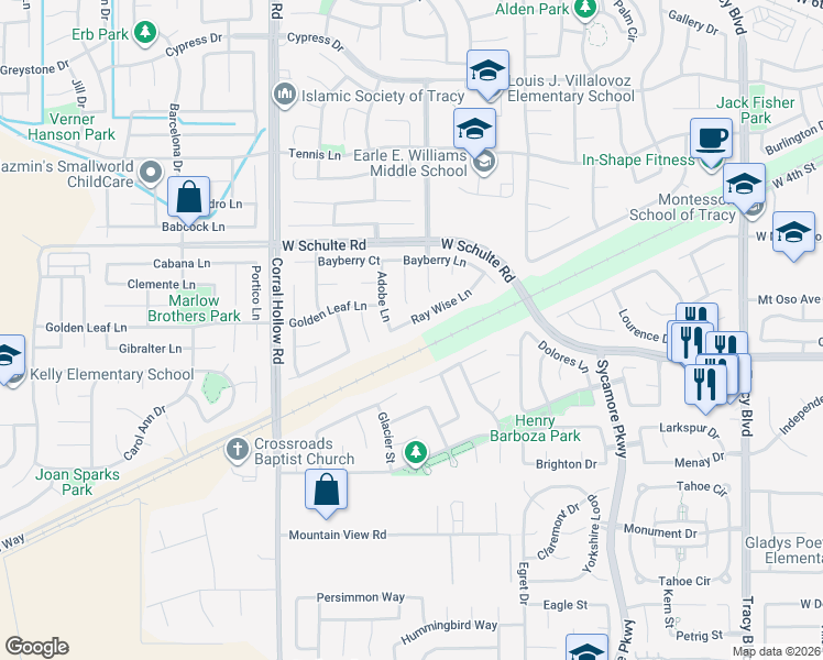 map of restaurants, bars, coffee shops, grocery stores, and more near 1754 Ray Wise Lane in Tracy