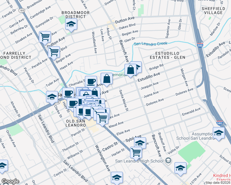 map of restaurants, bars, coffee shops, grocery stores, and more near 444 Estudillo Avenue in San Leandro