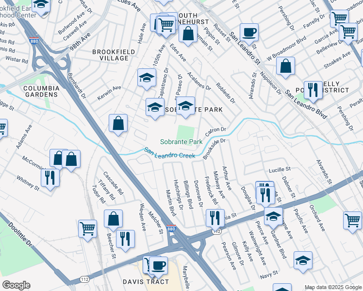 map of restaurants, bars, coffee shops, grocery stores, and more near 219 Bergedo Drive in Oakland