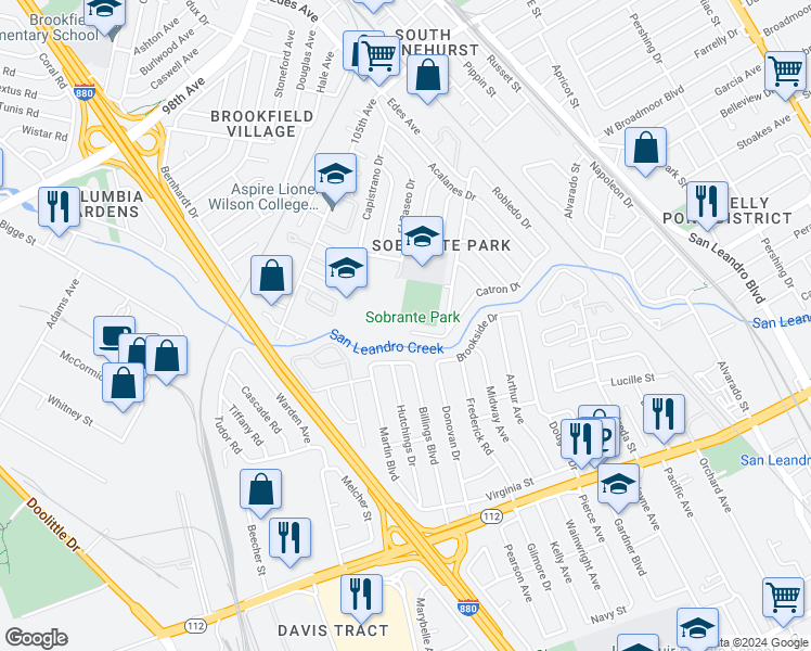 map of restaurants, bars, coffee shops, grocery stores, and more near 107 Catron Drive in Oakland