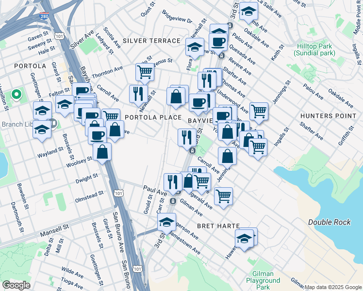 map of restaurants, bars, coffee shops, grocery stores, and more near 1786 Carroll Avenue in San Francisco