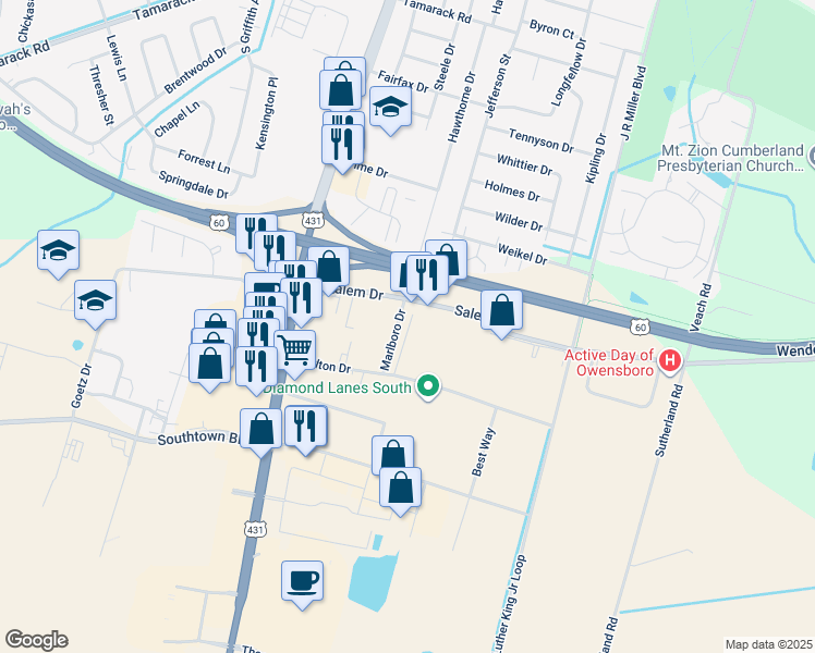 map of restaurants, bars, coffee shops, grocery stores, and more near 4511 Marlboro Drive in Owensboro