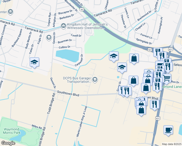 map of restaurants, bars, coffee shops, grocery stores, and more near 1708 Bluegrass Court in Owensboro
