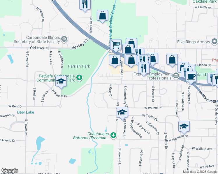 map of restaurants, bars, coffee shops, grocery stores, and more near 202 South Gray Drive in Carbondale