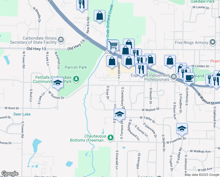 map of restaurants, bars, coffee shops, grocery stores, and more near 203 South Gray Drive in Carbondale