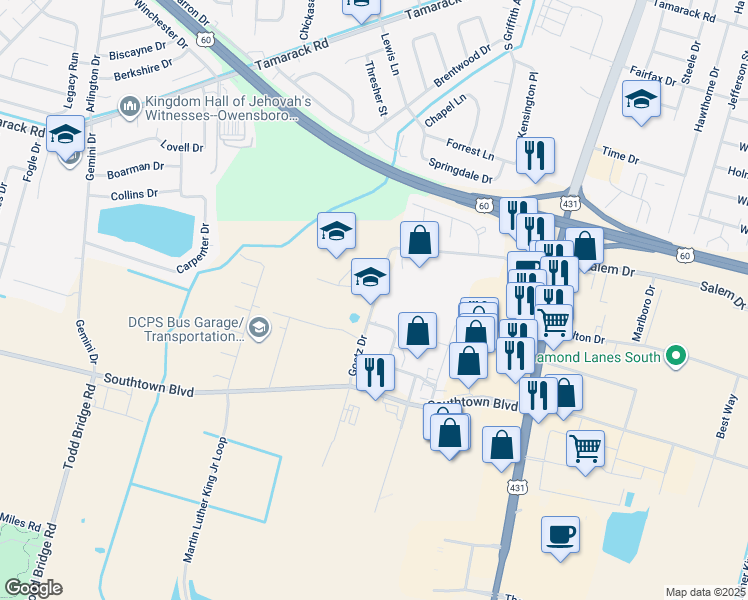 map of restaurants, bars, coffee shops, grocery stores, and more near 4514 Goetz Drive in Owensboro