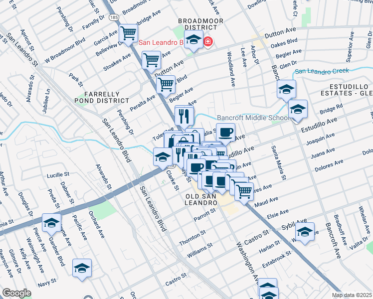 map of restaurants, bars, coffee shops, grocery stores, and more near 1145 East 14th Street in San Leandro