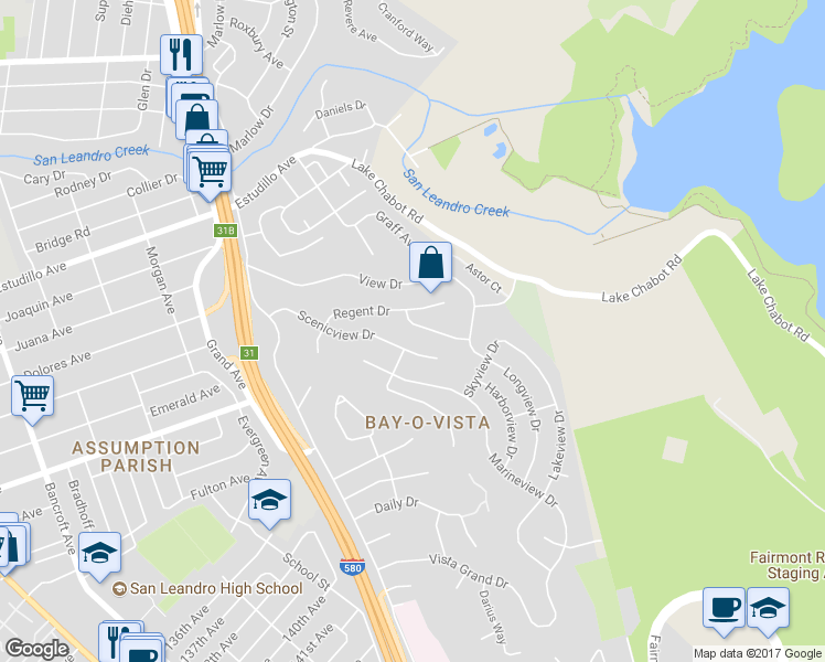map of restaurants, bars, coffee shops, grocery stores, and more near 1657 Clearview Drive in San Leandro