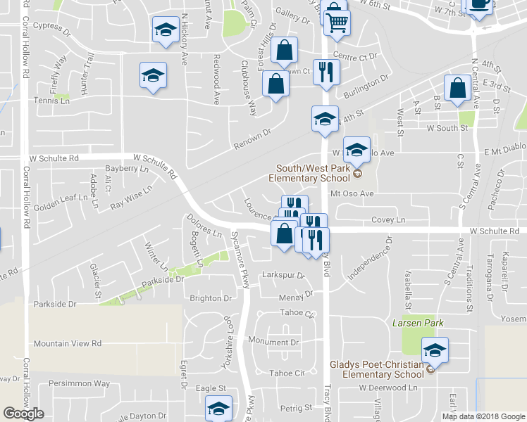 map of restaurants, bars, coffee shops, grocery stores, and more near 1007 Lourence Drive in Tracy