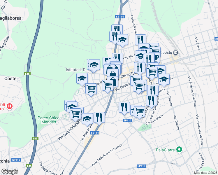 map of restaurants, bars, coffee shops, grocery stores, and more near in Giarre