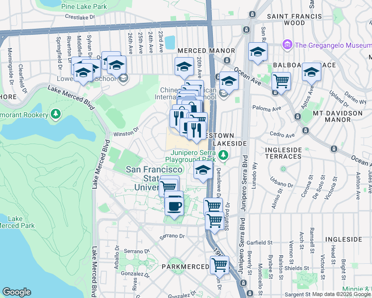 map of restaurants, bars, coffee shops, grocery stores, and more near 235 Buckingham Way in San Francisco