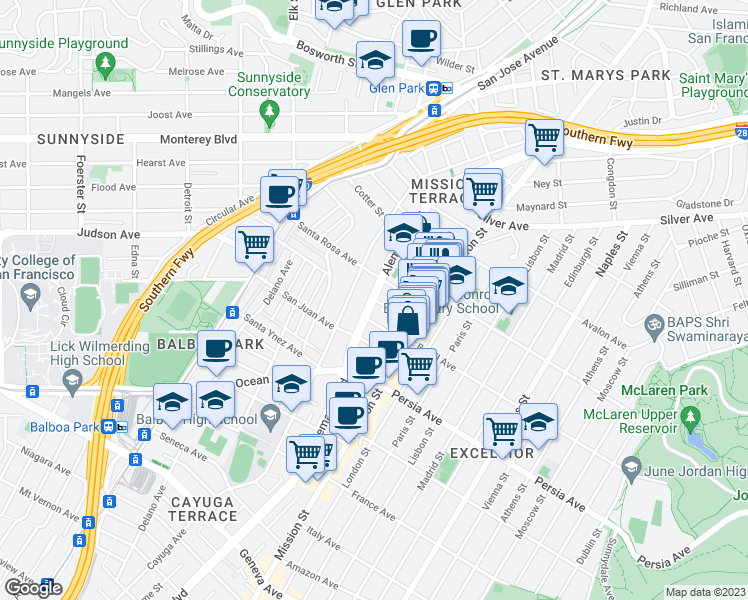 map of restaurants, bars, coffee shops, grocery stores, and more near Alemany Blvd & Harrington St in San Francisco