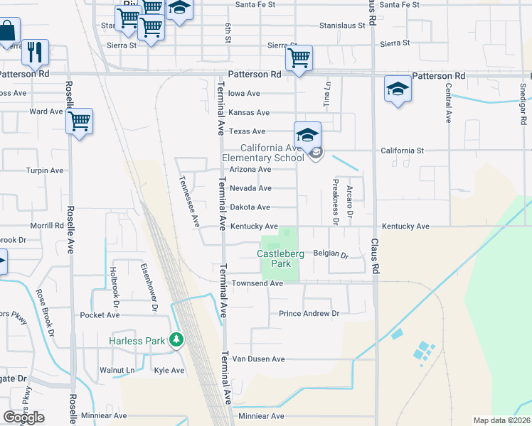 map of restaurants, bars, coffee shops, grocery stores, and more near 3713 Dakota Avenue in Riverbank