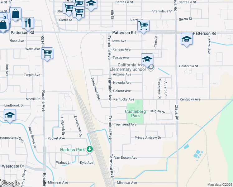 map of restaurants, bars, coffee shops, grocery stores, and more near 3649 Dakota Avenue in Riverbank