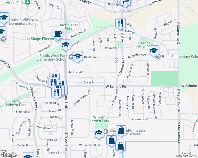map of restaurants, bars, coffee shops, grocery stores, and more near 480 Gianelli Street in Tracy
