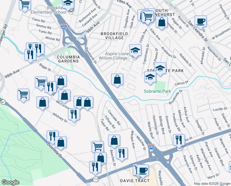 map of restaurants, bars, coffee shops, grocery stores, and more near 319 105th Avenue in Oakland