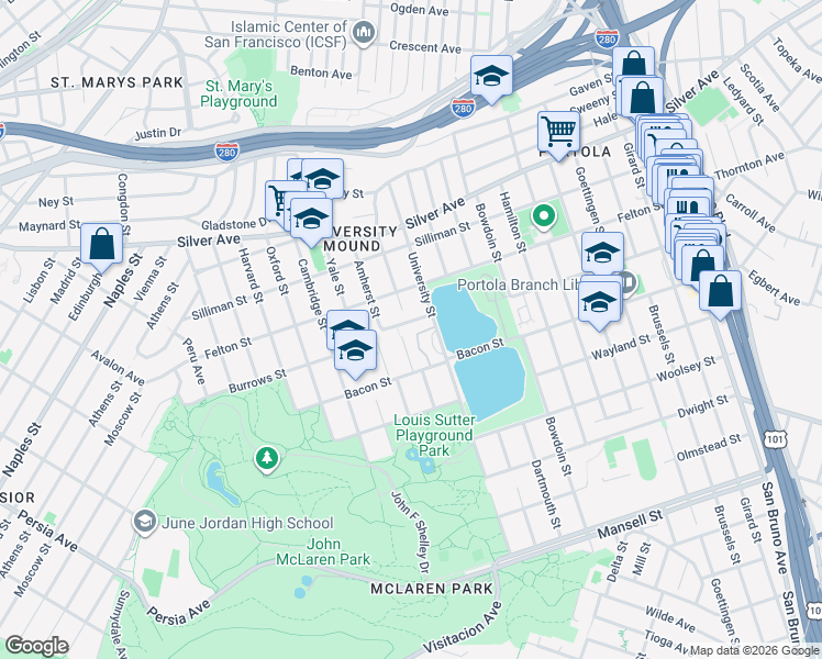 map of restaurants, bars, coffee shops, grocery stores, and more near 1146 Burrows Street in San Francisco