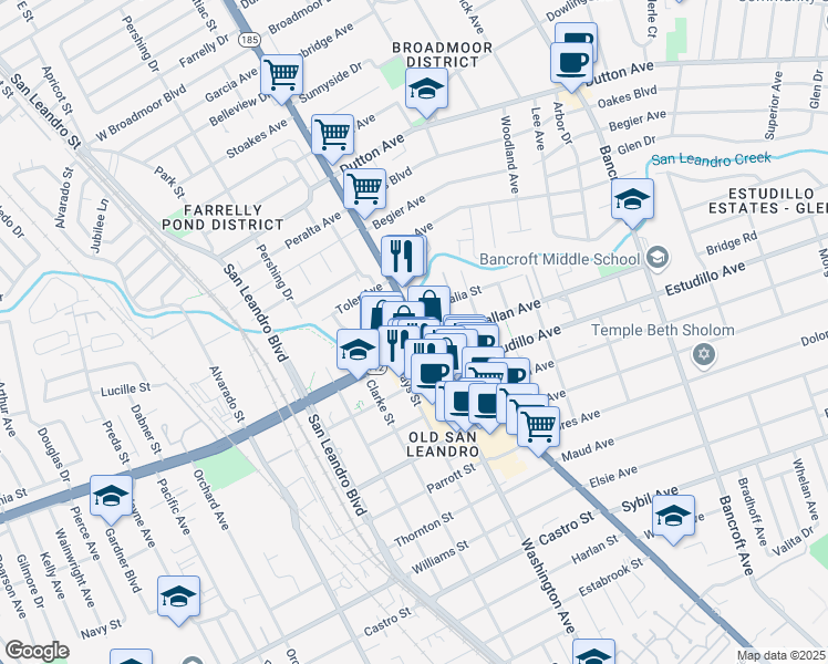 map of restaurants, bars, coffee shops, grocery stores, and more near 1145 East 14th Street in San Leandro