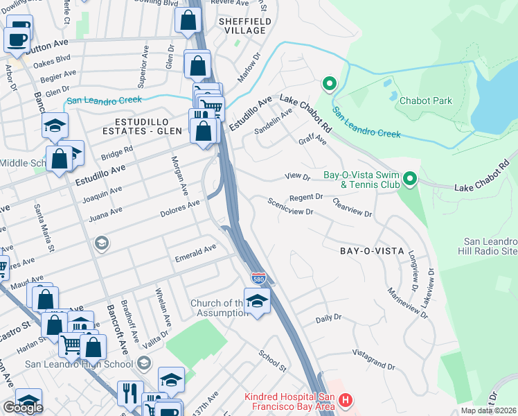 map of restaurants, bars, coffee shops, grocery stores, and more near 1345 Scenicview Drive in San Leandro