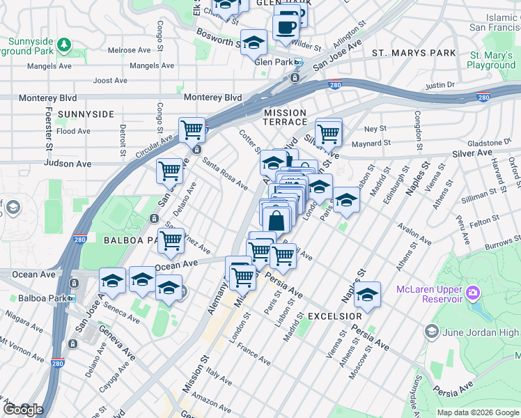 map of restaurants, bars, coffee shops, grocery stores, and more near in San Francisco
