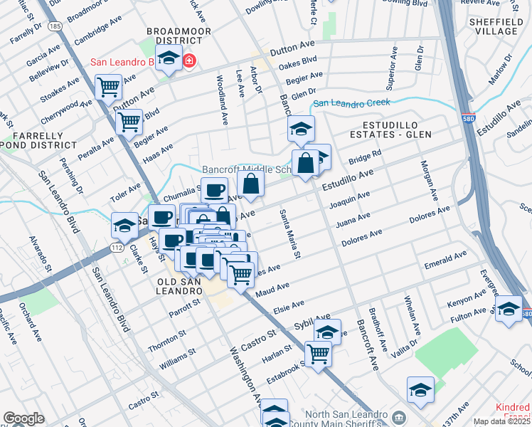 map of restaurants, bars, coffee shops, grocery stores, and more near 444 Estudillo Avenue in San Leandro