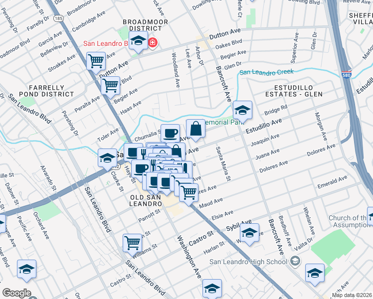 map of restaurants, bars, coffee shops, grocery stores, and more near 370 Estudillo Avenue in San Leandro