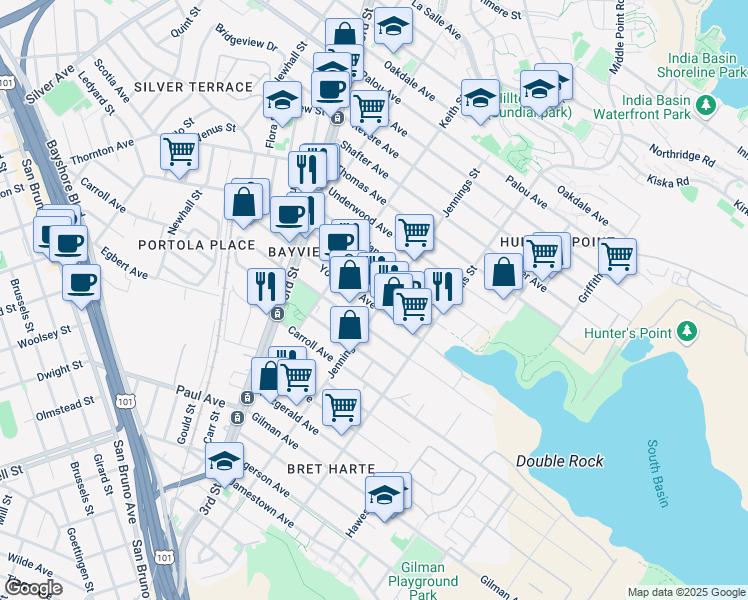 map of restaurants, bars, coffee shops, grocery stores, and more near 2200 Jennings Street in San Francisco