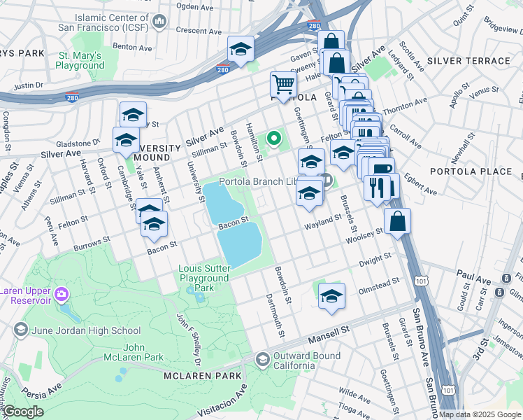 map of restaurants, bars, coffee shops, grocery stores, and more near 760 V in San Francisco