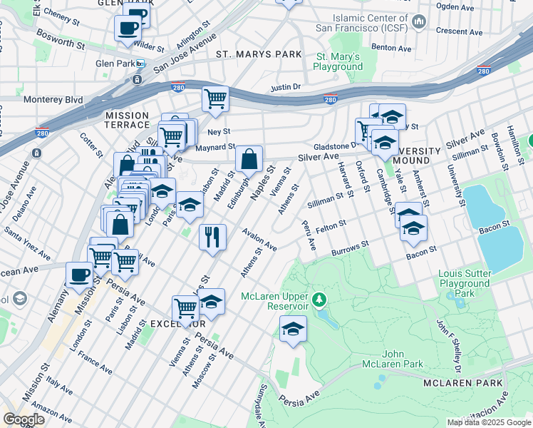 map of restaurants, bars, coffee shops, grocery stores, and more near 500 Peru Avenue in San Francisco