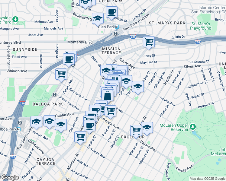 map of restaurants, bars, coffee shops, grocery stores, and more near 25 Francis Street in San Francisco