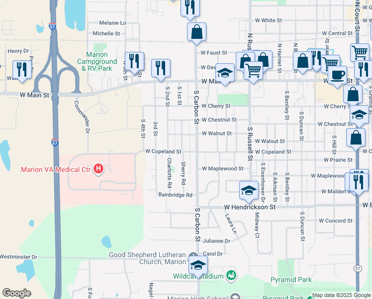 map of restaurants, bars, coffee shops, grocery stores, and more near 506 South Carbon Street in Marion