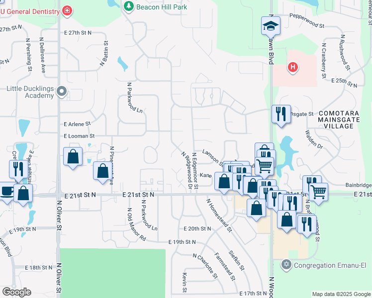map of restaurants, bars, coffee shops, grocery stores, and more near 5703 Kentford Circle in Wichita
