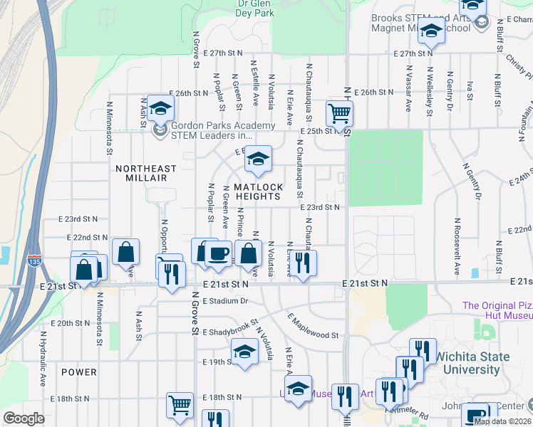 map of restaurants, bars, coffee shops, grocery stores, and more near 2826 East 23rd Street North in Wichita