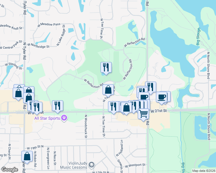 map of restaurants, bars, coffee shops, grocery stores, and more near 7717-7849 W Reflection Rd in Wichita