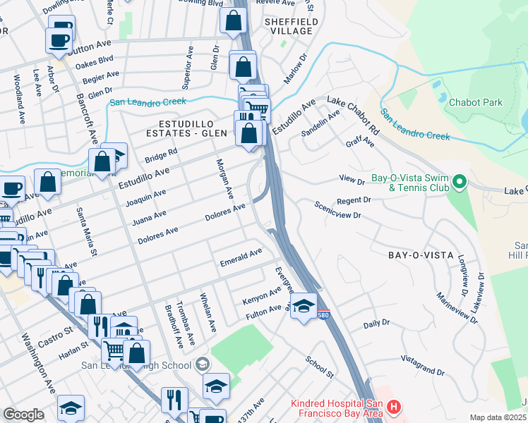 map of restaurants, bars, coffee shops, grocery stores, and more near 1600 Grand Avenue in San Leandro