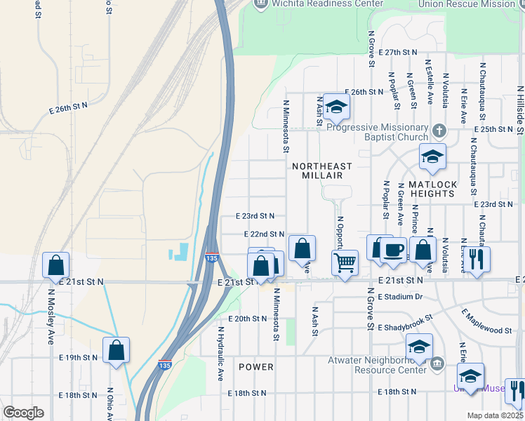 map of restaurants, bars, coffee shops, grocery stores, and more near 1822 East 23rd Street North in Wichita