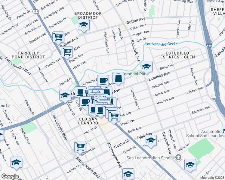 map of restaurants, bars, coffee shops, grocery stores, and more near 370 Estudillo Avenue in San Leandro