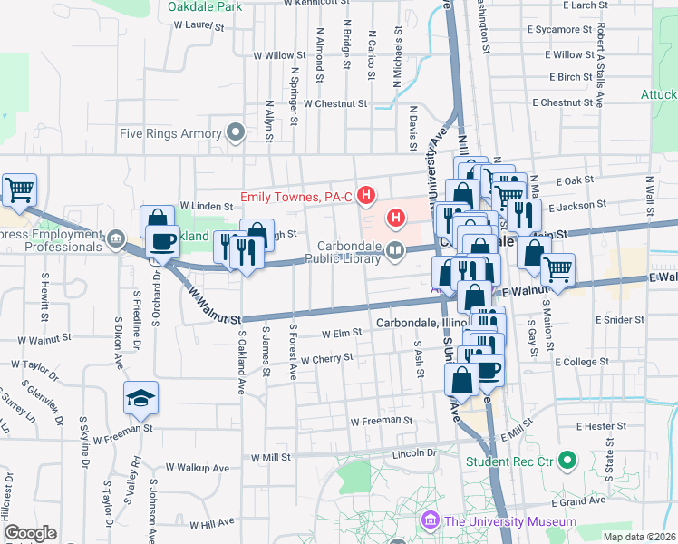 map of restaurants, bars, coffee shops, grocery stores, and more near 507 1/2 West Main Street in Carbondale