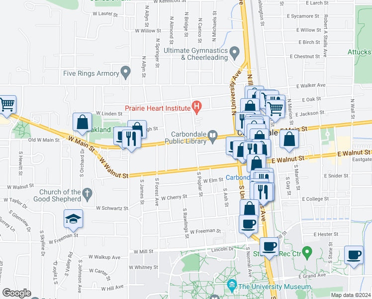 map of restaurants, bars, coffee shops, grocery stores, and more near 507 1/2 West Main Street in Carbondale