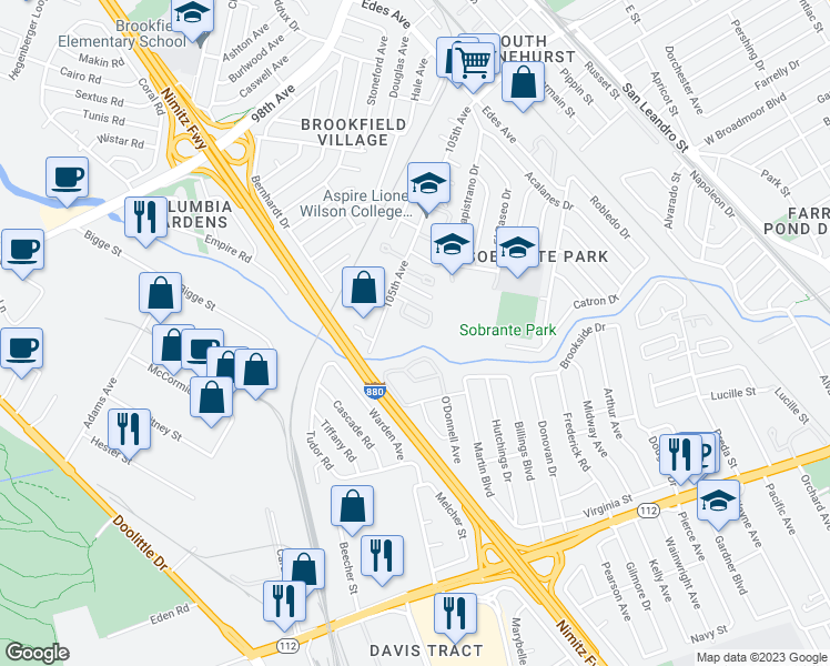 map of restaurants, bars, coffee shops, grocery stores, and more near 324 105th Avenue in Oakland