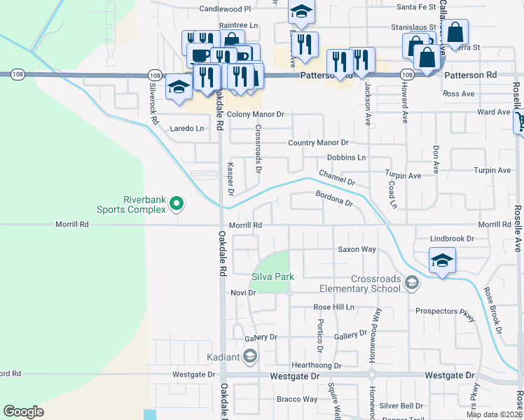 map of restaurants, bars, coffee shops, grocery stores, and more near 2238 Lenay Way in Riverbank