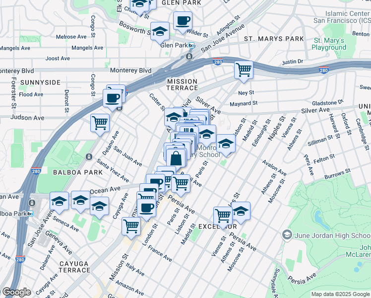 map of restaurants, bars, coffee shops, grocery stores, and more near 4480-4482 Mission Street in San Francisco